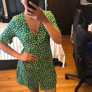 Green with white florals button down tea dress